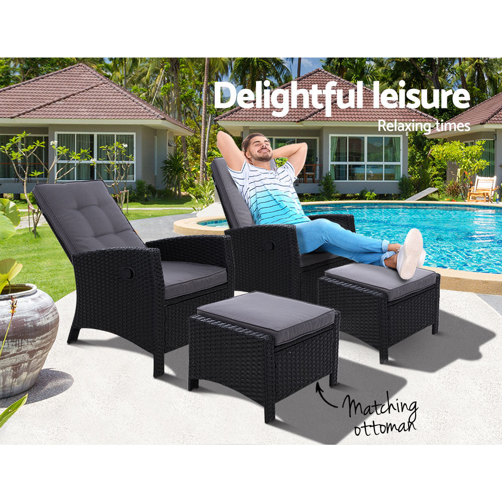 Outdoor Chairs: Gardeon 2PC Recliner Chairs Sun lounge Wicker Lounger Outdoor Furniture Adjustable Black
