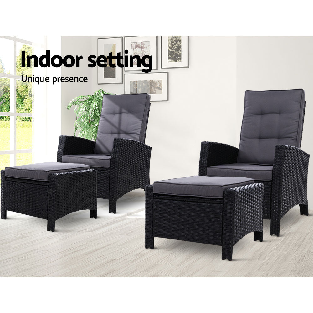 Outdoor Chairs: Gardeon 2PC Recliner Chairs Sun lounge Wicker Lounger Outdoor Furniture Adjustable Black