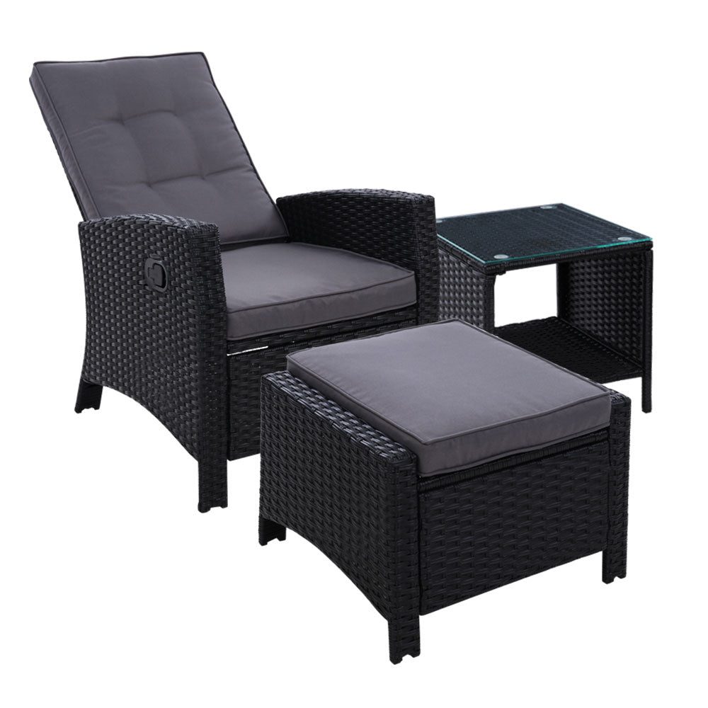 Outdoor Chairs: Gardeon 3PC Recliner Chairs Table Sun lounge Wicker Outdoor Furniture Adjustable Black