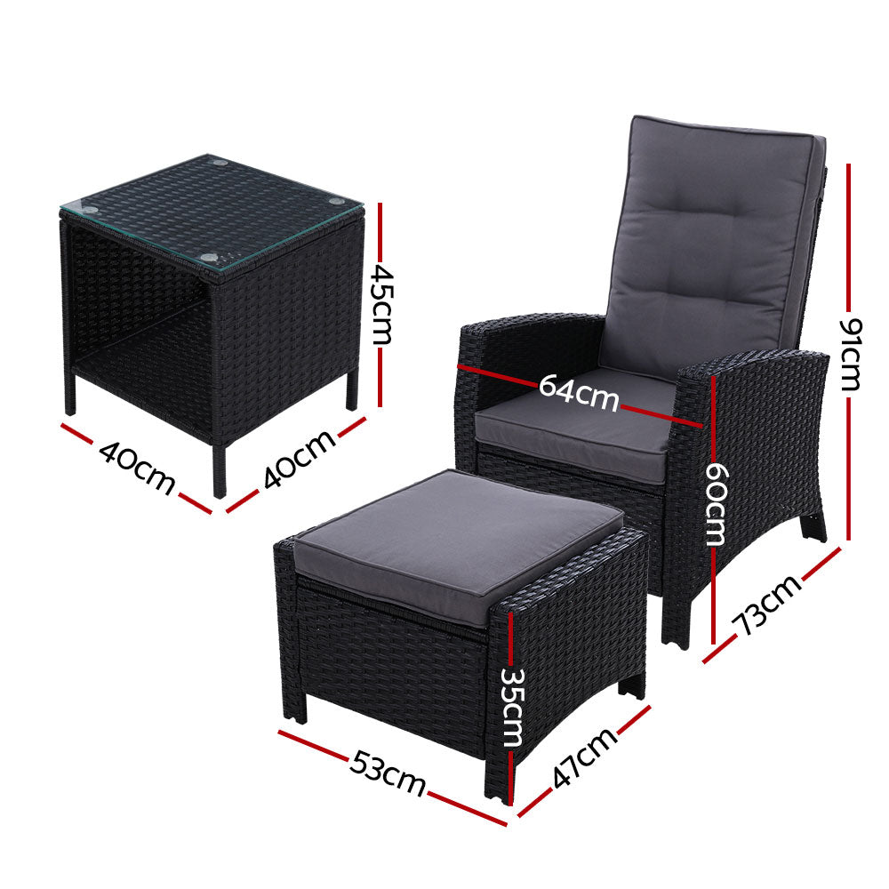 Outdoor Chairs: Gardeon 3PC Recliner Chairs Table Sun lounge Wicker Outdoor Furniture Adjustable Black
