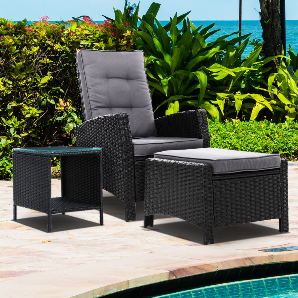 Outdoor Chairs: Gardeon 3PC Recliner Chairs Table Sun lounge Wicker Outdoor Furniture Adjustable Black