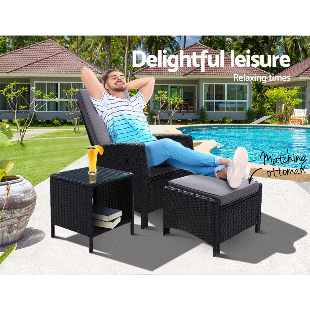 Outdoor Chairs: Gardeon 3PC Recliner Chairs Table Sun lounge Wicker Outdoor Furniture Adjustable Black