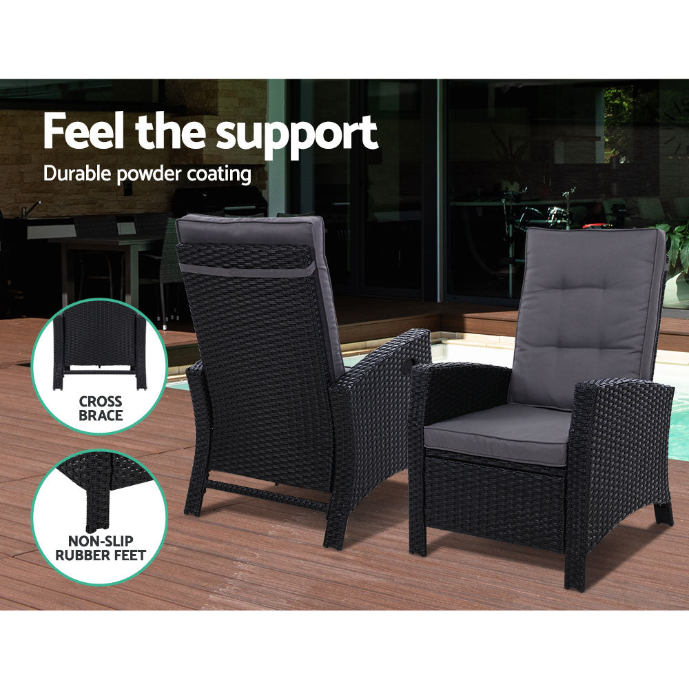 Outdoor Chairs: Gardeon 3PC Recliner Chairs Table Sun lounge Wicker Outdoor Furniture Adjustable Black