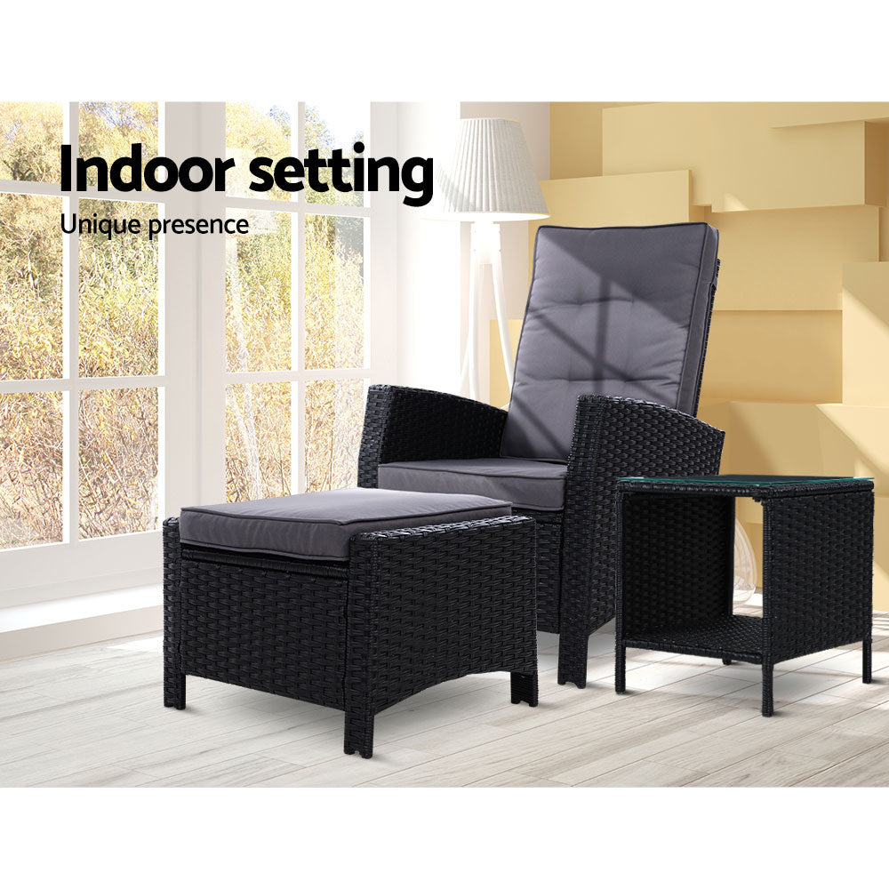 Outdoor Chairs: Gardeon 3PC Recliner Chairs Table Sun lounge Wicker Outdoor Furniture Adjustable Black