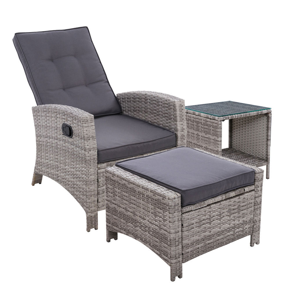 Outdoor Chairs: Gardeon 3PC Recliner Chairs Table Sun lounge Wicker Outdoor Furniture Adjustable Grey