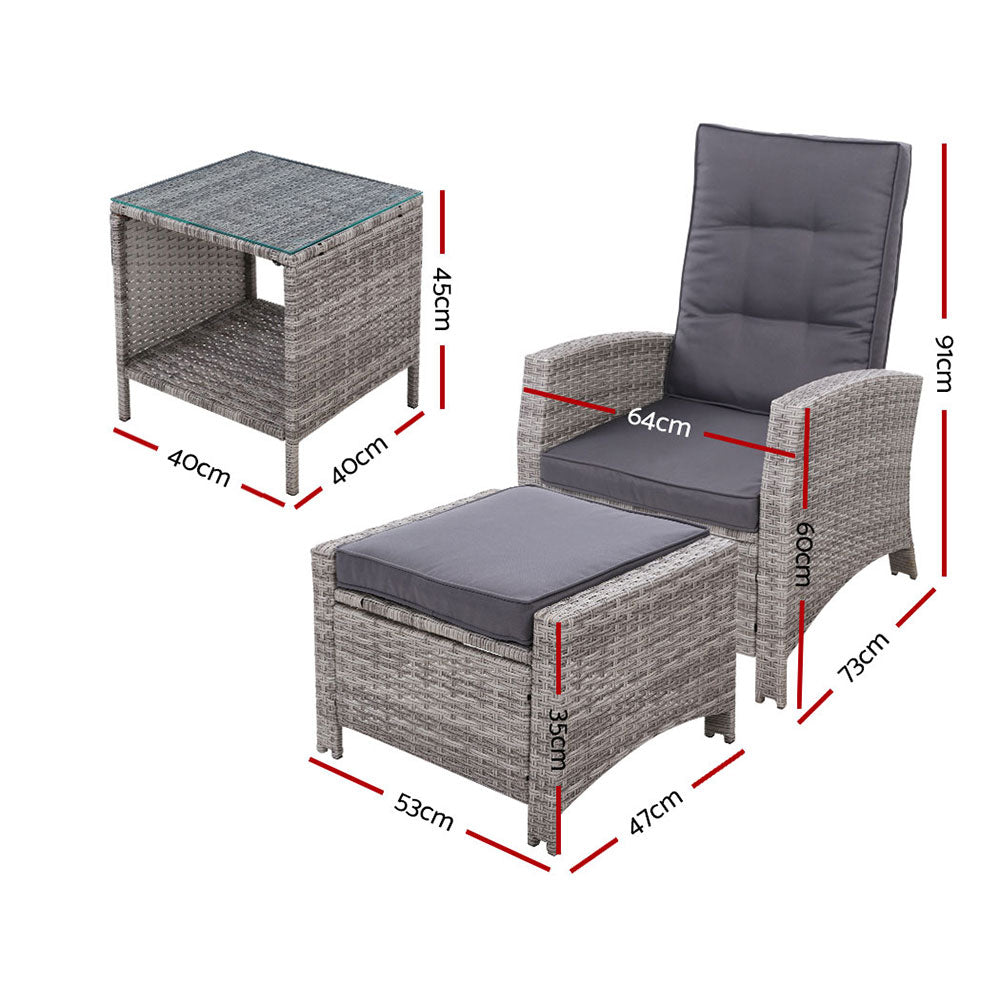 Outdoor Chairs: Gardeon 3PC Recliner Chairs Table Sun lounge Wicker Outdoor Furniture Adjustable Grey
