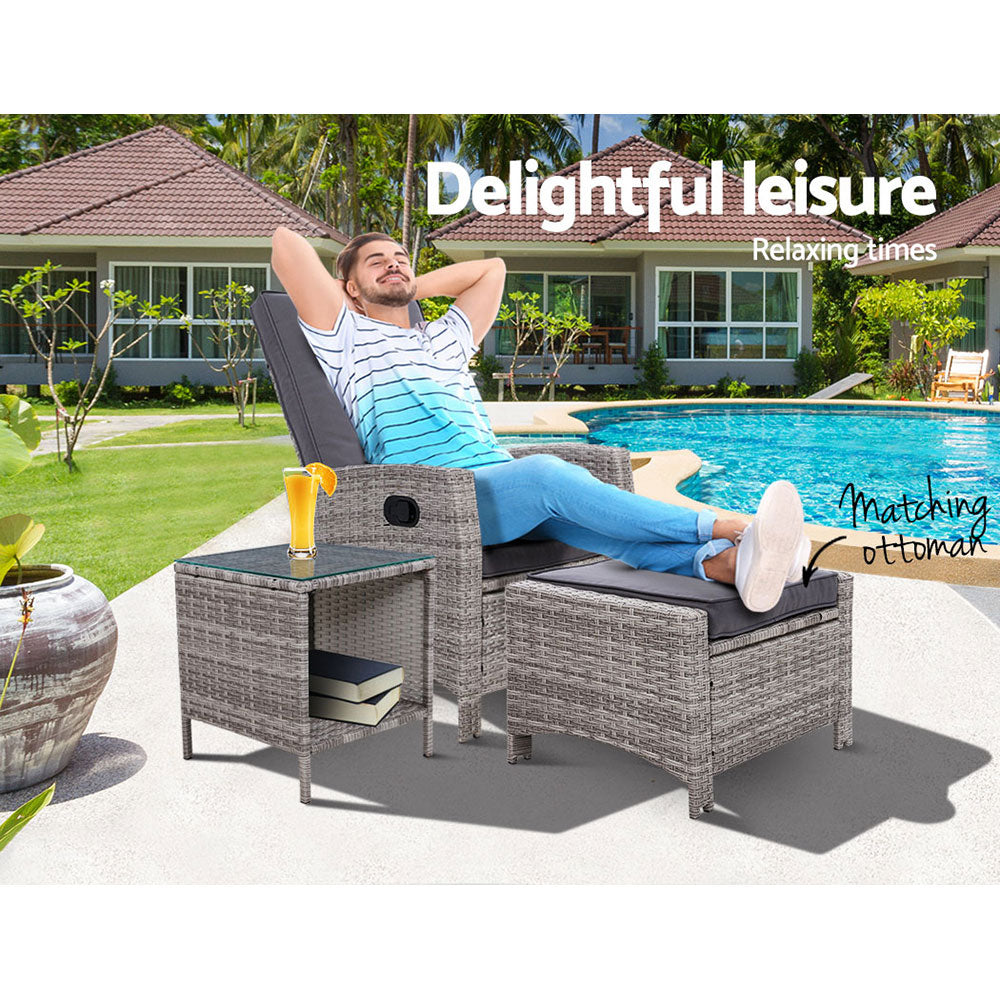 Outdoor Chairs: Gardeon 3PC Recliner Chairs Table Sun lounge Wicker Outdoor Furniture Adjustable Grey