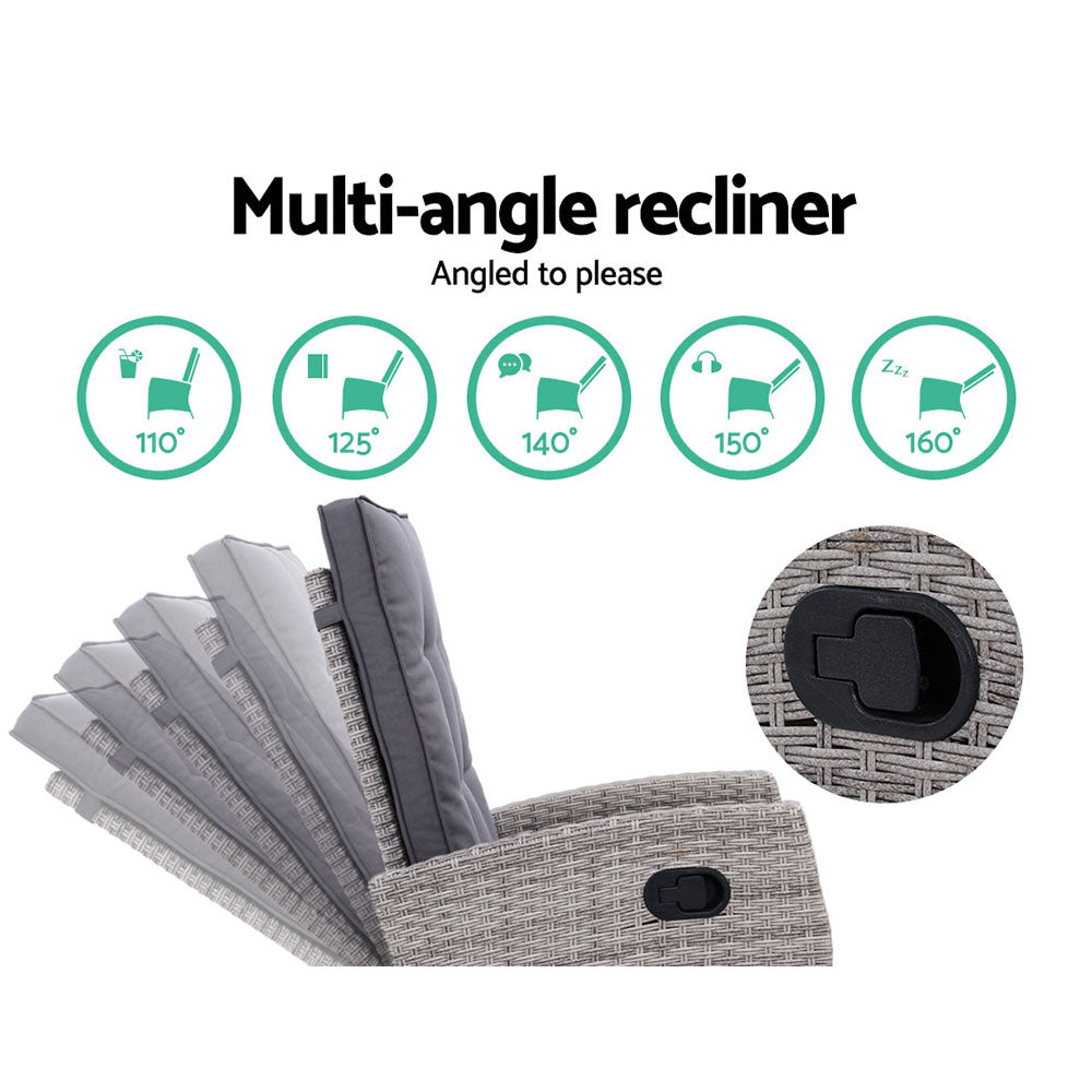 Outdoor Chairs: Gardeon 3PC Recliner Chairs Table Sun lounge Wicker Outdoor Furniture Adjustable Grey