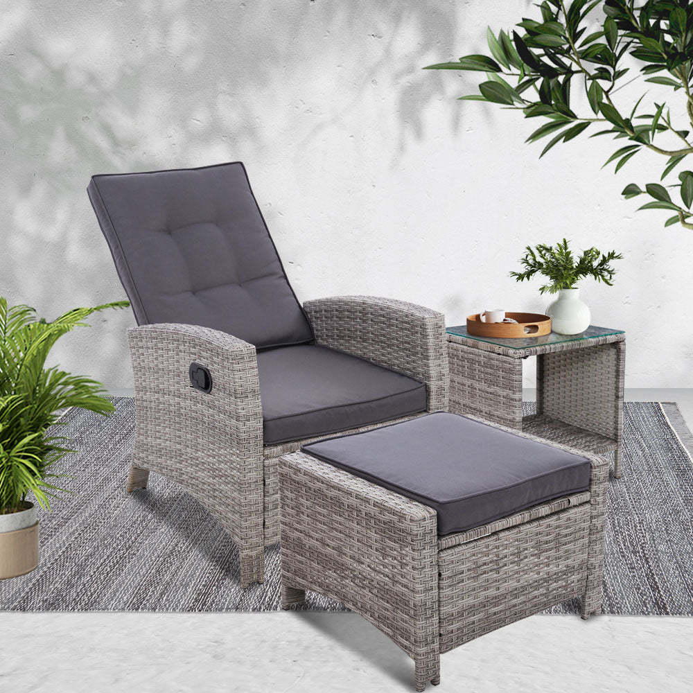 Outdoor Chairs: Gardeon 3PC Recliner Chairs Table Sun lounge Wicker Outdoor Furniture Adjustable Grey