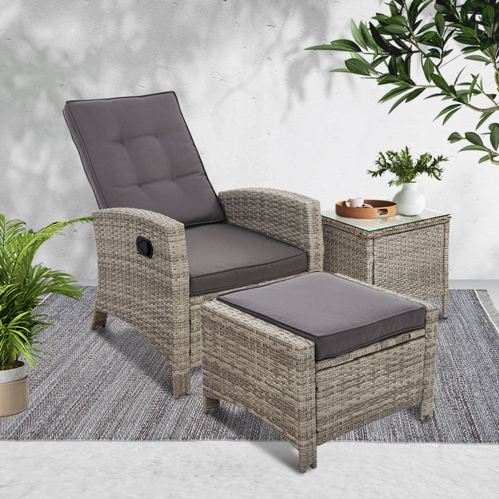 Outdoor Chairs: Gardeon 3PC Recliner Chairs Table Sun lounge Wicker Outdoor Furniture Adjustable Grey