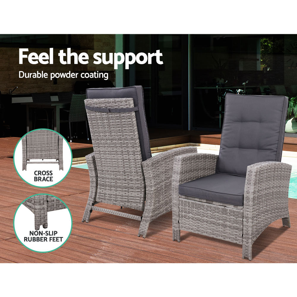 Outdoor Chairs: Gardeon 3PC Recliner Chairs Table Sun lounge Wicker Outdoor Furniture Adjustable Grey