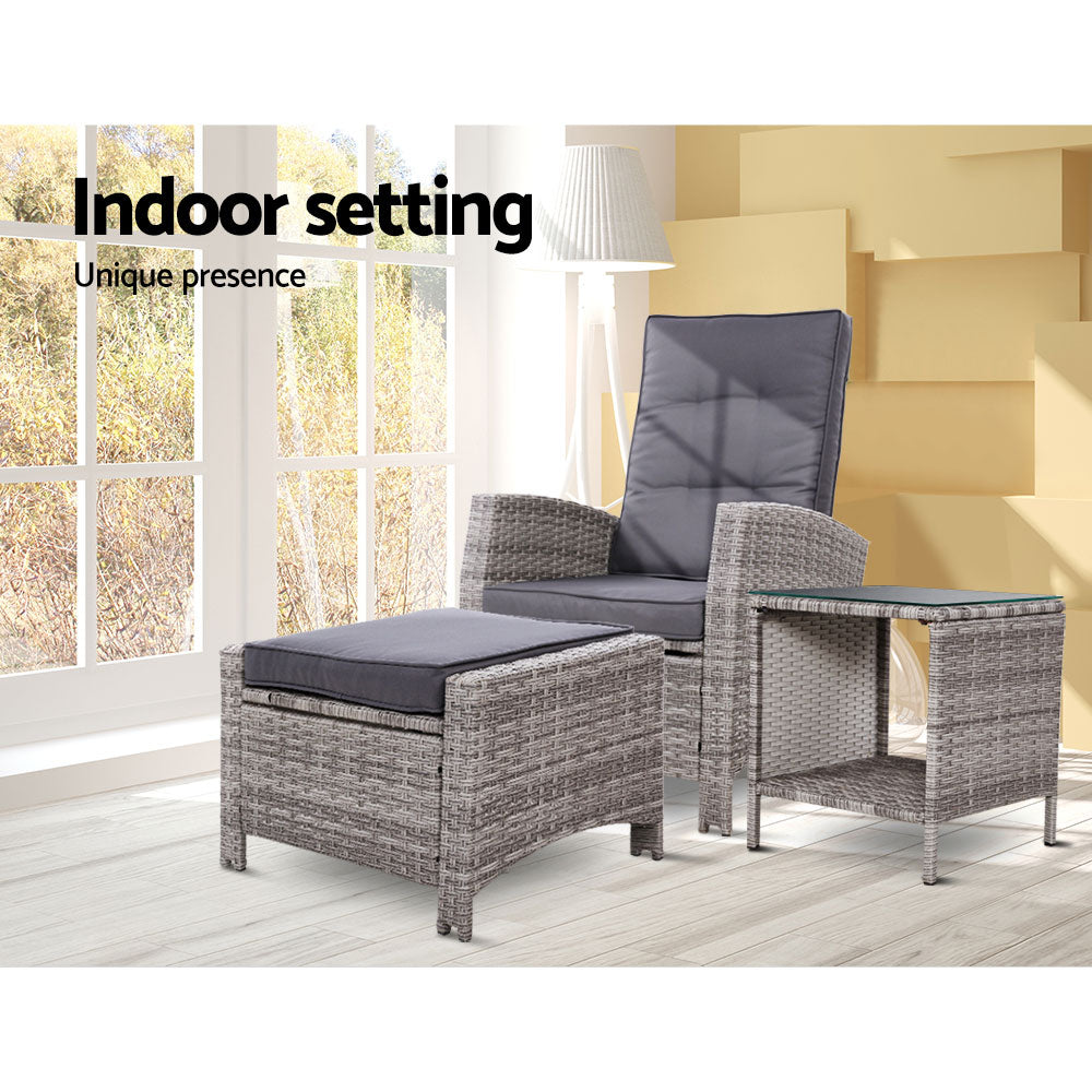 Outdoor Chairs: Gardeon 3PC Recliner Chairs Table Sun lounge Wicker Outdoor Furniture Adjustable Grey