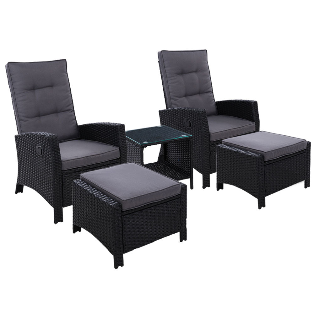 Outdoor Chairs: Gardeon 5PC Recliner Chairs Table Sun lounge Wicker Outdoor Furniture Adjustable Black