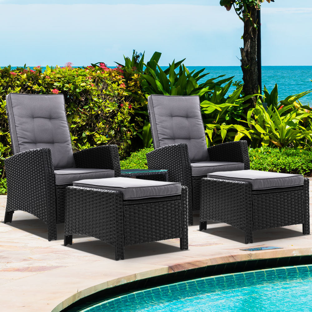 Outdoor Chairs: Gardeon 5PC Recliner Chairs Table Sun lounge Wicker Outdoor Furniture Adjustable Black