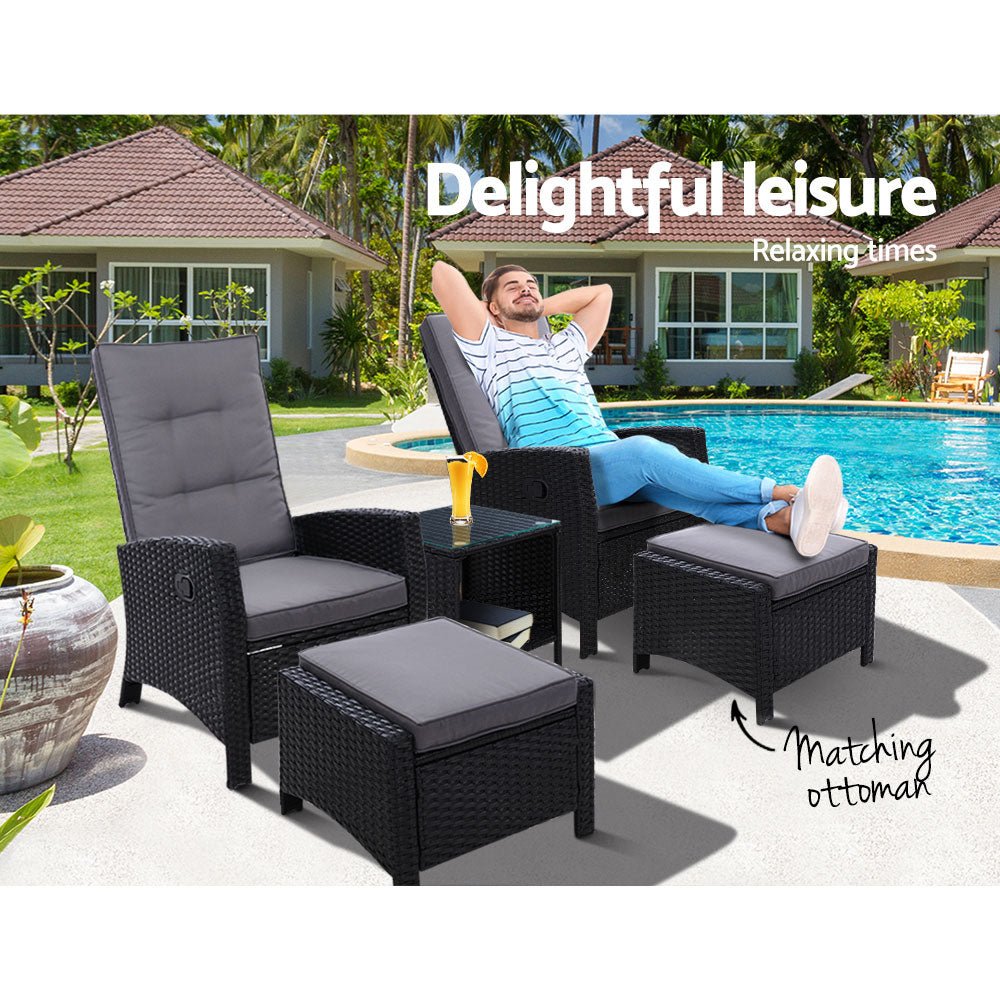 Outdoor Chairs: Gardeon 5PC Recliner Chairs Table Sun lounge Wicker Outdoor Furniture Adjustable Black