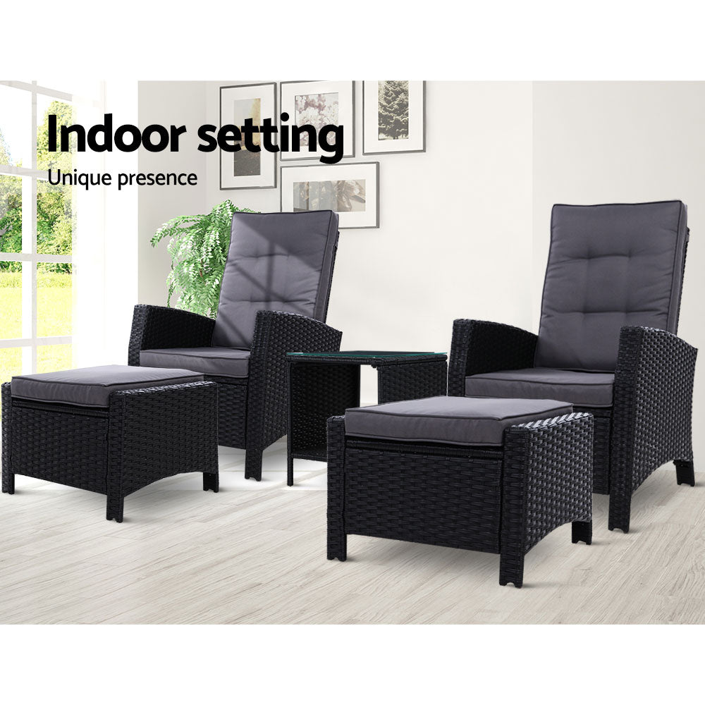Outdoor Chairs: Gardeon 5PC Recliner Chairs Table Sun lounge Wicker Outdoor Furniture Adjustable Black