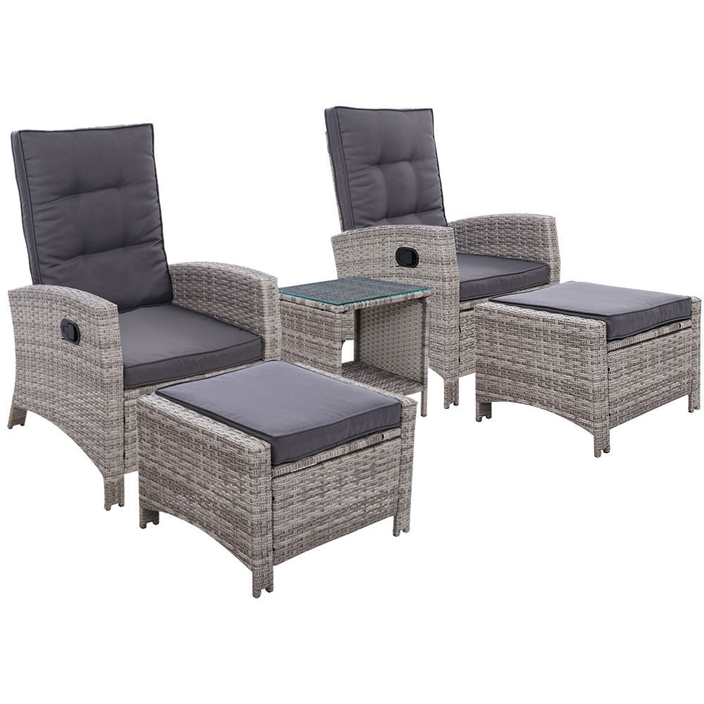Outdoor Chairs: Gardeon 5PC Recliner Chairs Table Sun lounge Wicker Outdoor Furniture Adjustable Grey