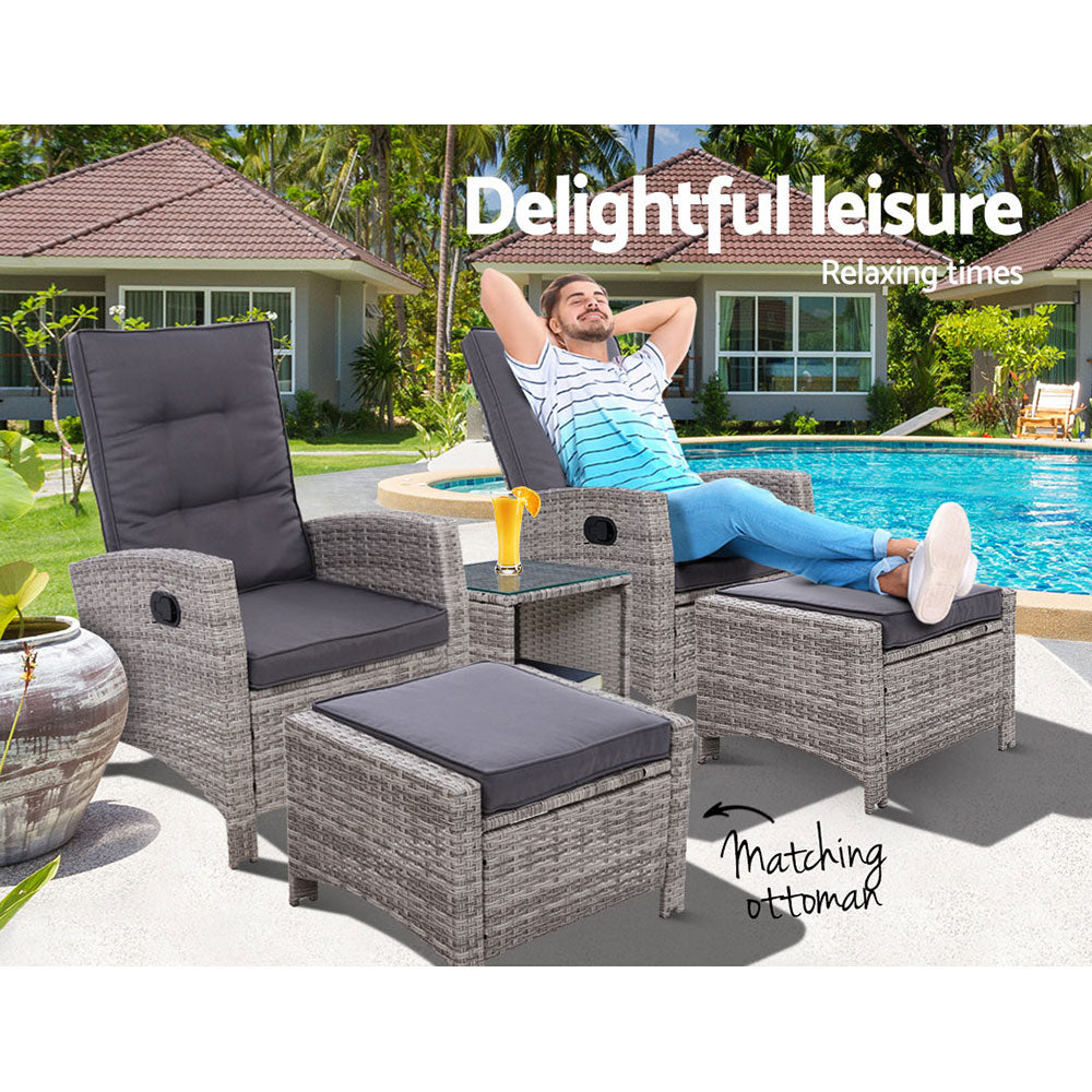 Outdoor Chairs: Gardeon 5PC Recliner Chairs Table Sun lounge Wicker Outdoor Furniture Adjustable Grey