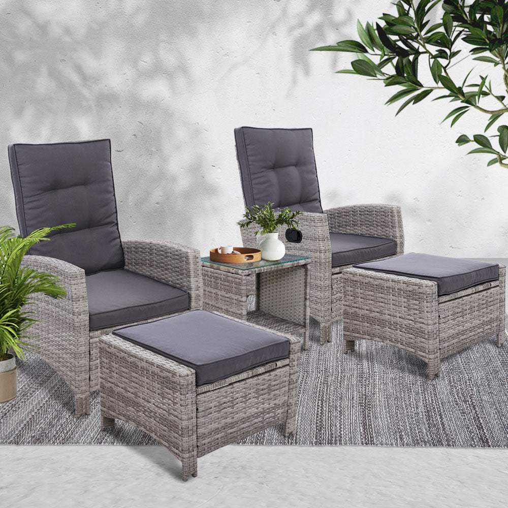 Outdoor Chairs: Gardeon 5PC Recliner Chairs Table Sun lounge Wicker Outdoor Furniture Adjustable Grey