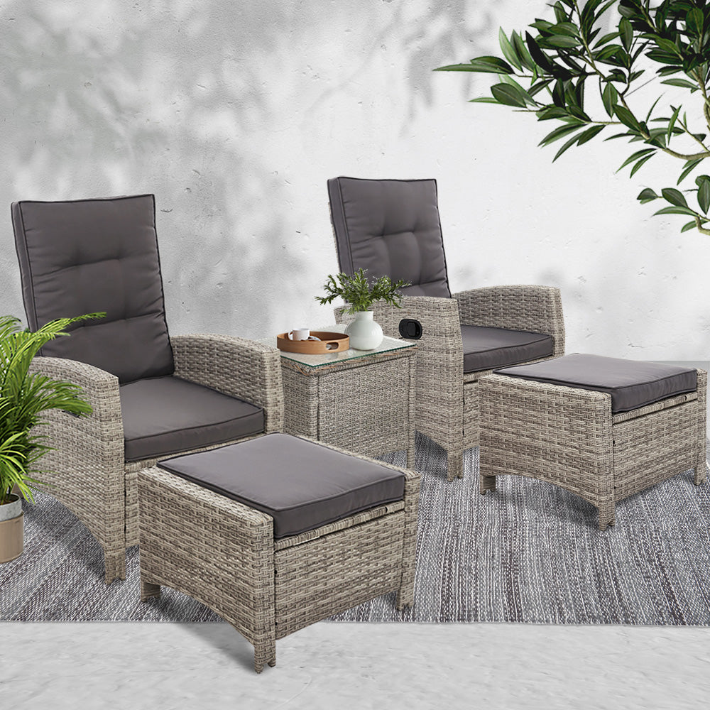 Outdoor Chairs: Gardeon 5PC Recliner Chairs Table Sun lounge Wicker Outdoor Furniture Adjustable Grey