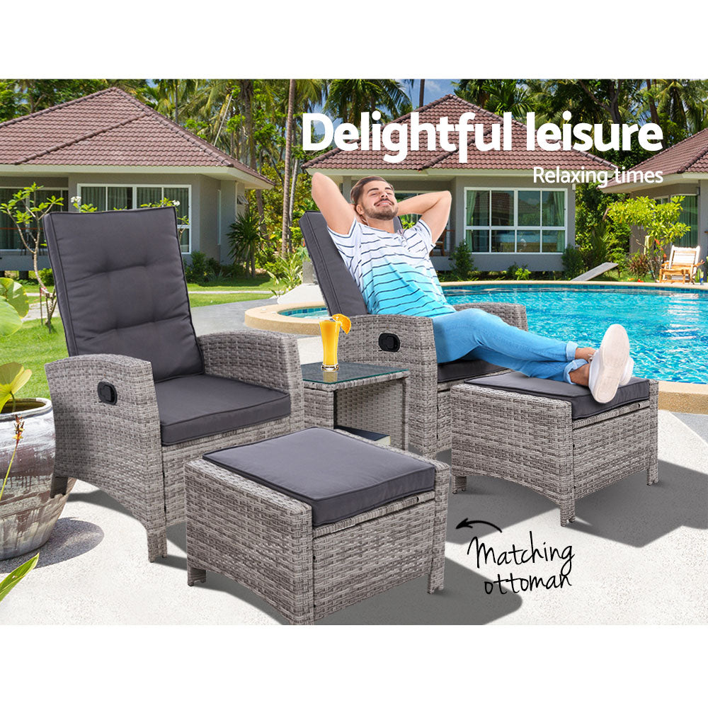 Outdoor Chairs: Gardeon 5PC Recliner Chairs Table Sun lounge Wicker Outdoor Furniture Adjustable Grey