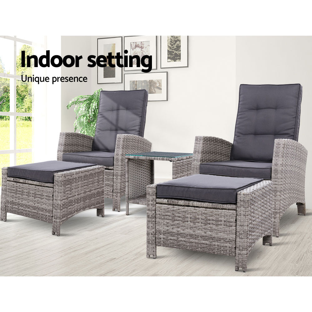 Outdoor Chairs: Gardeon 5PC Recliner Chairs Table Sun lounge Wicker Outdoor Furniture Adjustable Grey
