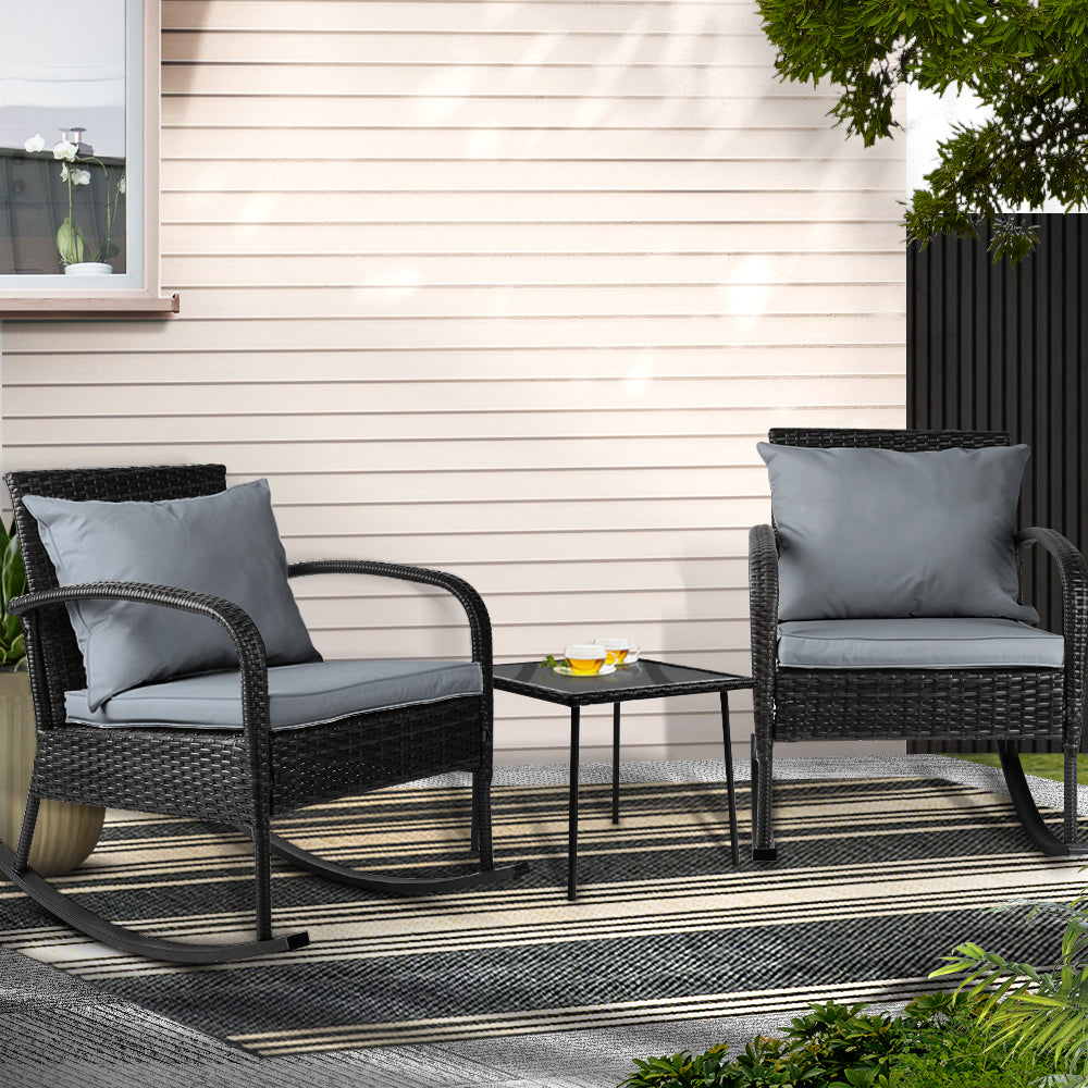 Outdoor Chairs: Gardeon 3PC Rocking Chair Table Wicker Outdoor Furniture Patio Bistro Set Black