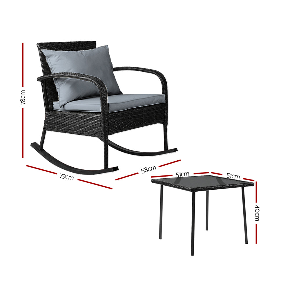 Outdoor Chairs: Gardeon 3PC Rocking Chair Table Wicker Outdoor Furniture Patio Bistro Set Black
