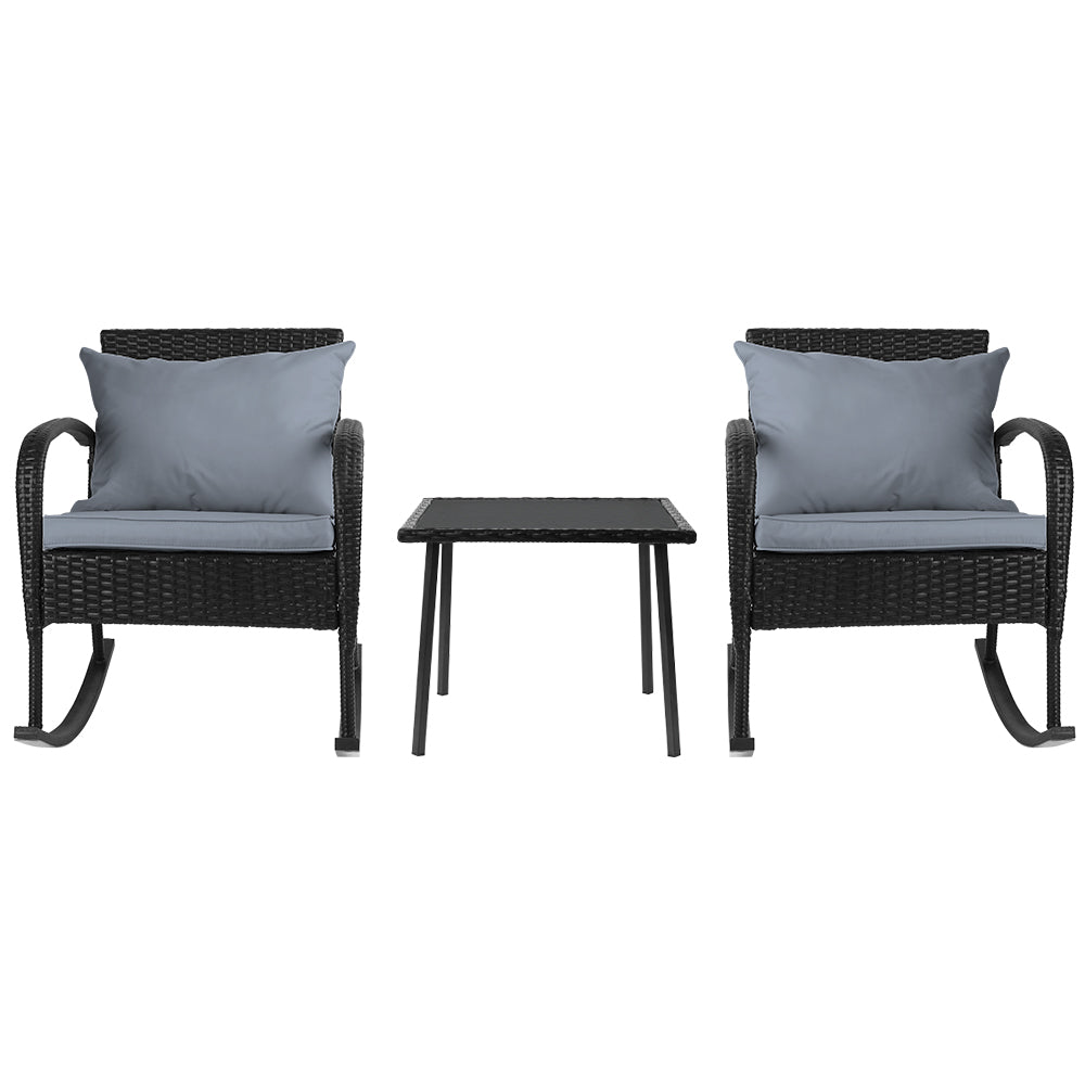 Outdoor Chairs: Gardeon 3PC Rocking Chair Table Wicker Outdoor Furniture Patio Bistro Set Black