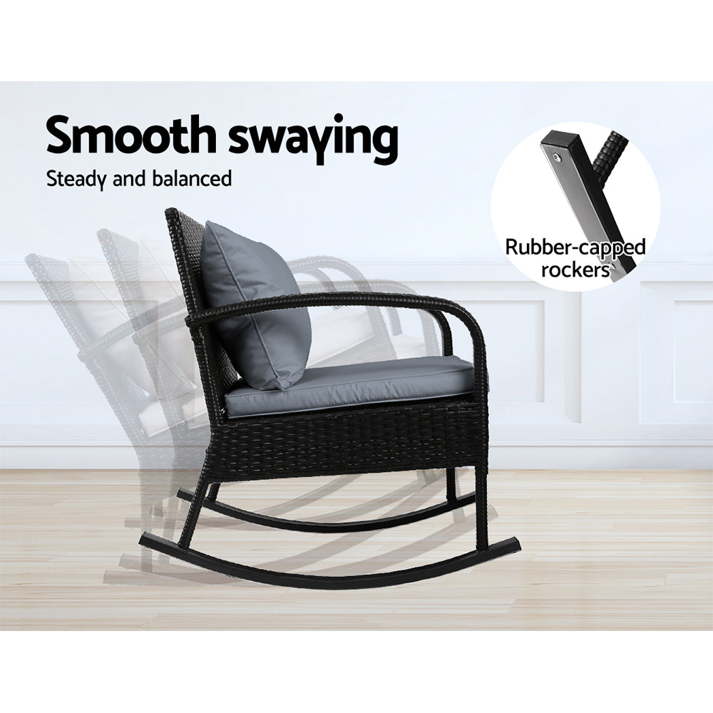 Outdoor Chairs: Gardeon 3PC Rocking Chair Table Wicker Outdoor Furniture Patio Bistro Set Black