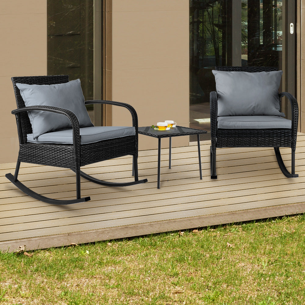 Outdoor Chairs: Gardeon 3PC Rocking Chair Table Wicker Outdoor Furniture Patio Bistro Set Black