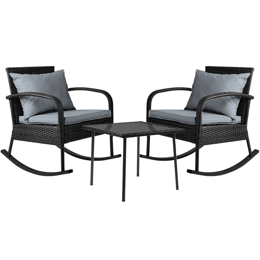 Outdoor Chairs: Gardeon 3PC Rocking Chair Table Wicker Outdoor Furniture Patio Bistro Set Black