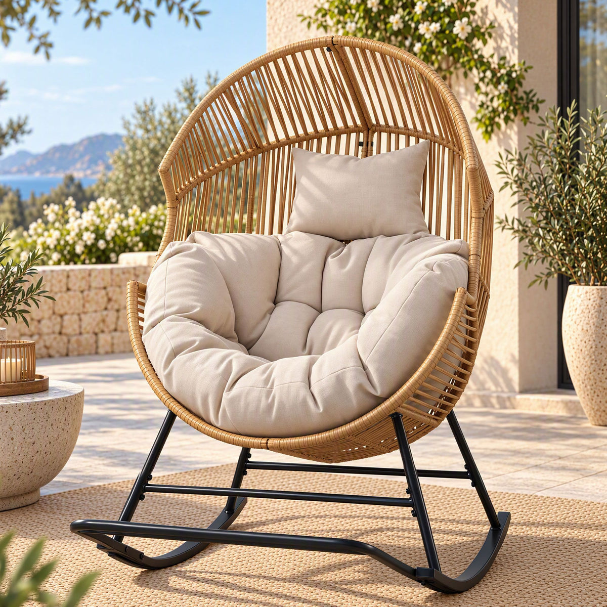 Gardeon Outdoor Egg Rocking Chair Rattan Lounger with Thick Cushion Patio Furniture Natural