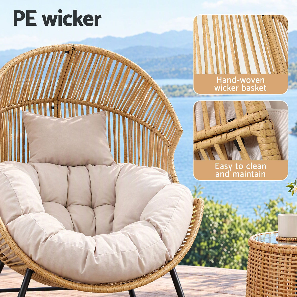 Gardeon Outdoor Egg Rocking Chair Rattan Lounger with Thick Cushion Patio Furniture Natural