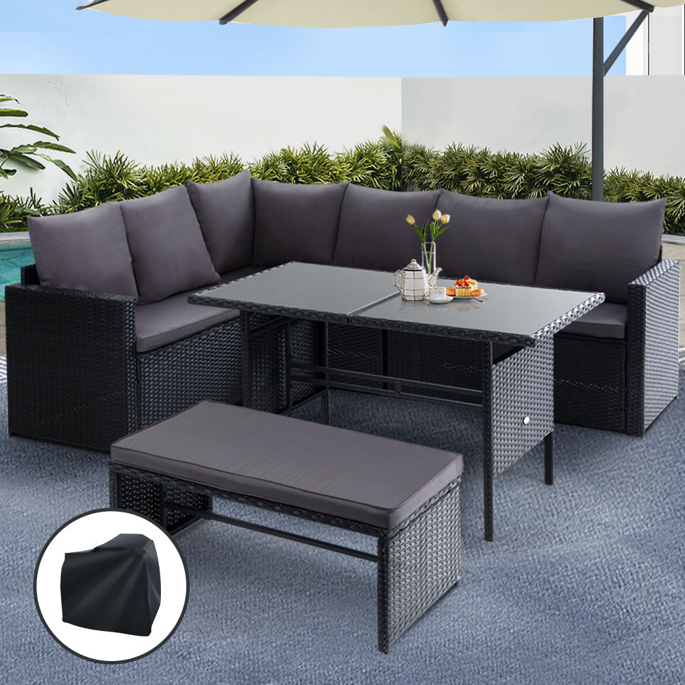 Outdoor Dining Sets: Gardeon Outdoor Dining Set Sofa Lounge Setting Chairs Table Bench Black Cover