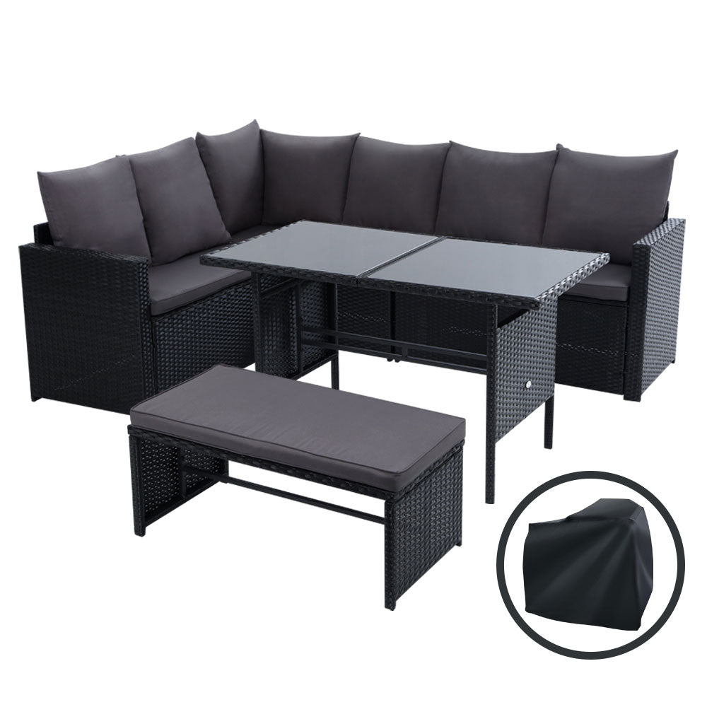 Outdoor Dining Sets: Gardeon Outdoor Dining Set Sofa Lounge Setting Chairs Table Bench Black Cover