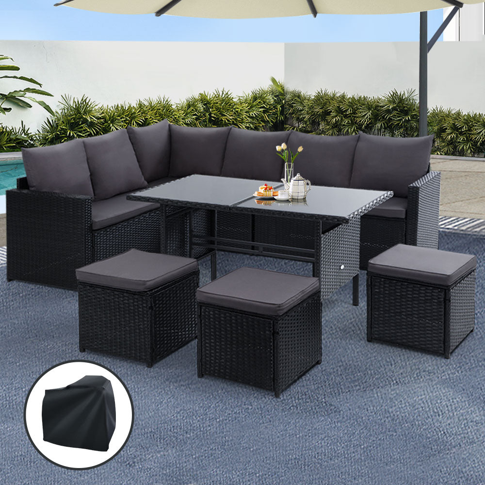 Outdoor Chairs: Gardeon Outdoor Dining Set Sofa Lounge Setting Chairs Table Ottoman Black Cover