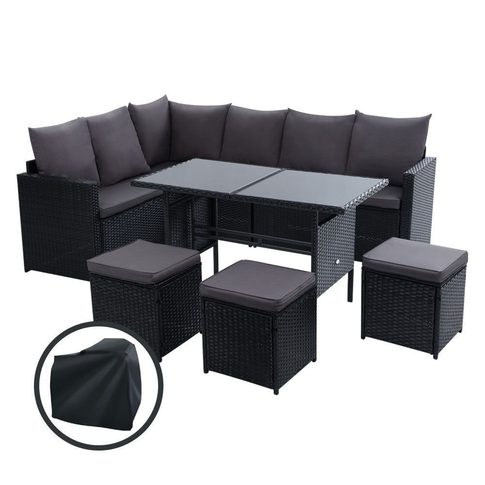 Outdoor Chairs: Gardeon Outdoor Dining Set Sofa Lounge Setting Chairs Table Ottoman Black Cover