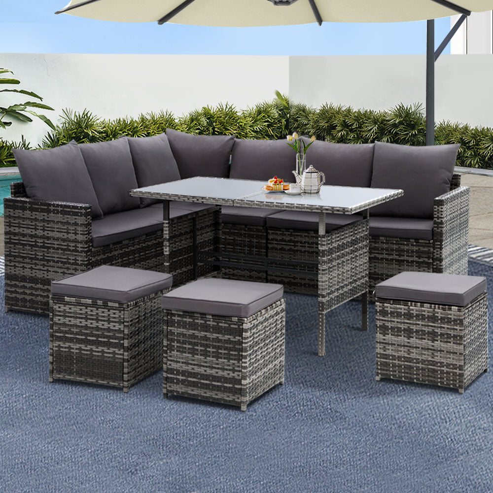 Outdoor Sofas & Lounge Sets: Gardeon Outdoor Furniture Dining Setting Sofa Set Lounge Wicker 9 Seater Mixed Grey
