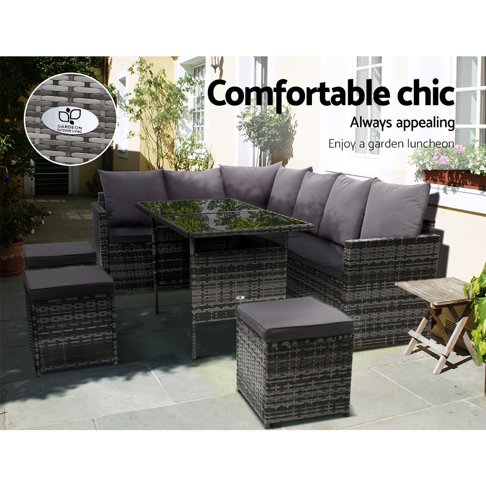 Outdoor Sofas & Lounge Sets: Gardeon Outdoor Furniture Dining Setting Sofa Set Lounge Wicker 9 Seater Mixed Grey