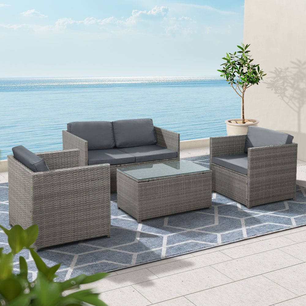 Arm Chairs & Recliners: Gardeon 4-Piece Outdoor Sofa Set Wicker Couch Lounge Setting Grey