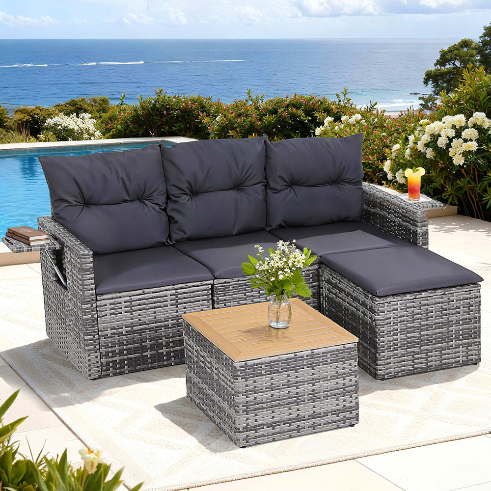 Outdoor Sofas & Lounge Sets: Gardeon 5 Pieces Outdoor Sofa Set 4-Seater Grey Rattan Patio Furniture Table and Chair Setting