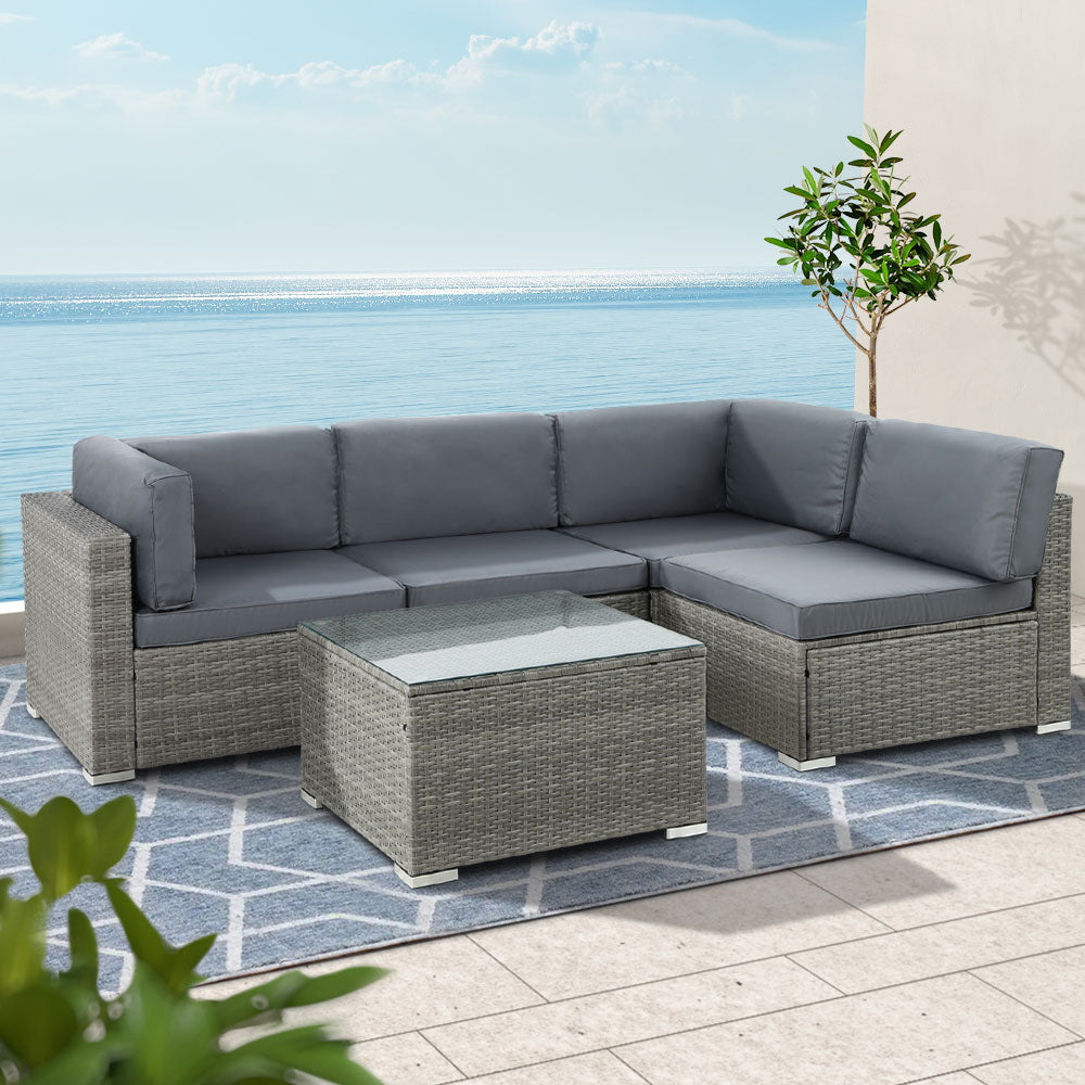Outdoor Sofas & Lounge Sets: Gardeon 5-Piece Outdoor Sofa Set Wicker Couch Lounge Setting 4 Seater Grey