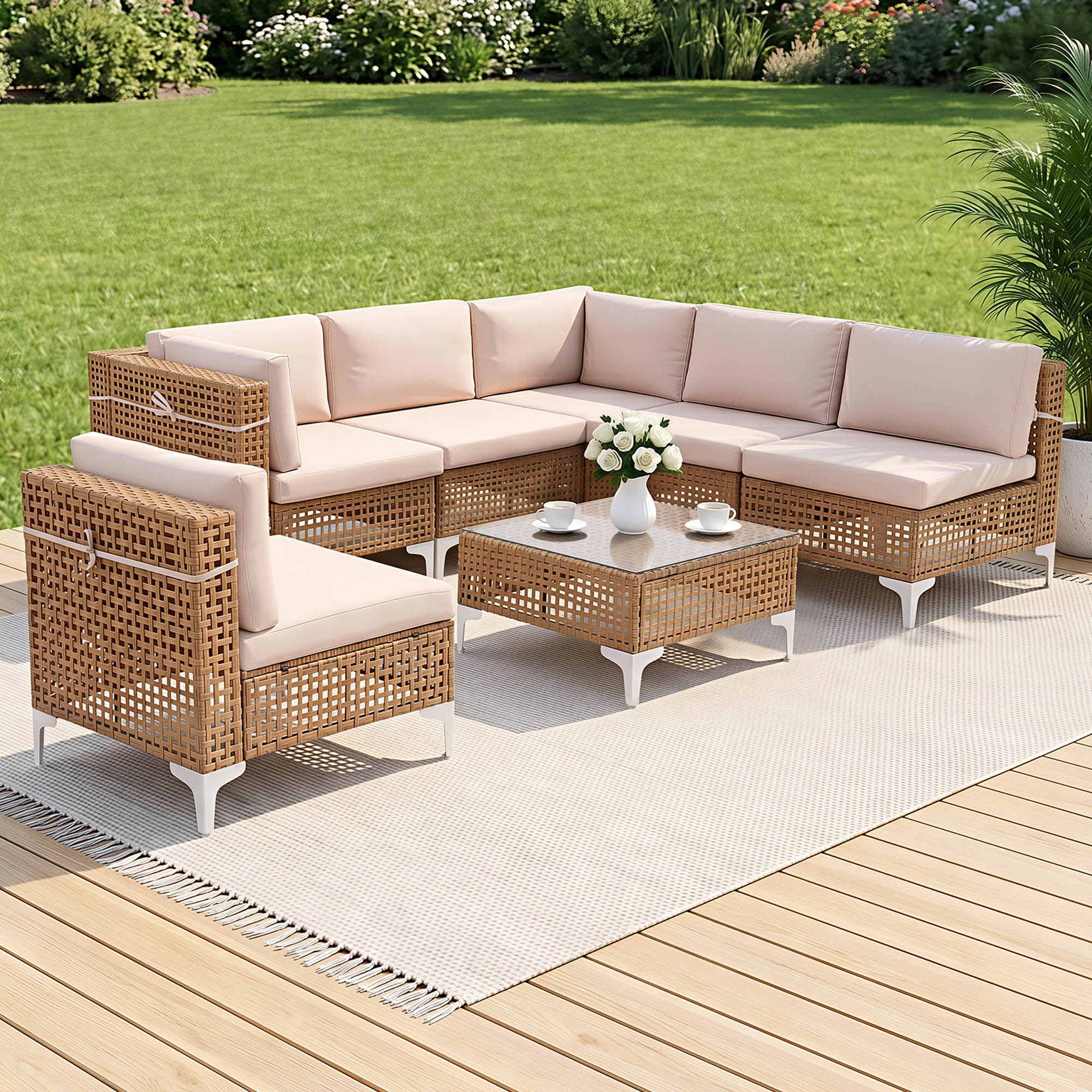 Gardeon 6 Seater Outdoor Sofa Set 7PCS Table Chair Set Garden Rattan Patio Furniture