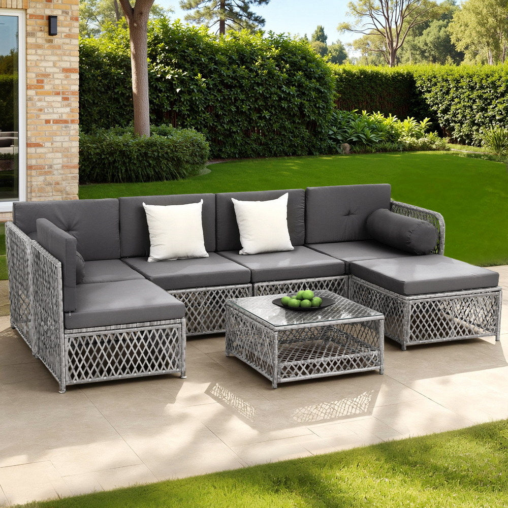 Outdoor Sofas & Lounge Sets: Gardeon 6 Seater Outdoor Sofa Set 7PCS Table Chair Set Garden Rattan Patio Furniture