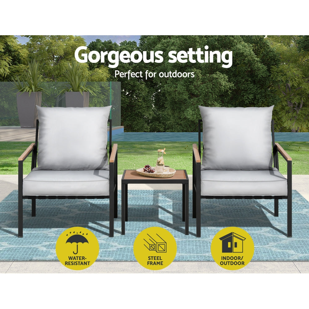 Outdoor Sofas & Lounge Sets: Gardeon 3PC Outdoor Furniture Bistro Set Lounge Setting Chairs Table Patio Black