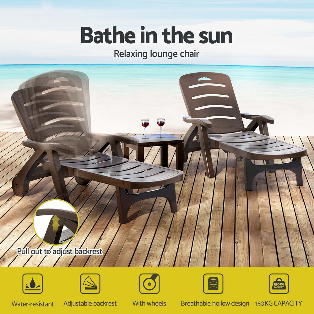 Outdoor Chairs: Gardeon Sun Lounger Folding Lounge Chair Wheels Patio Outdoor Furniture Brown