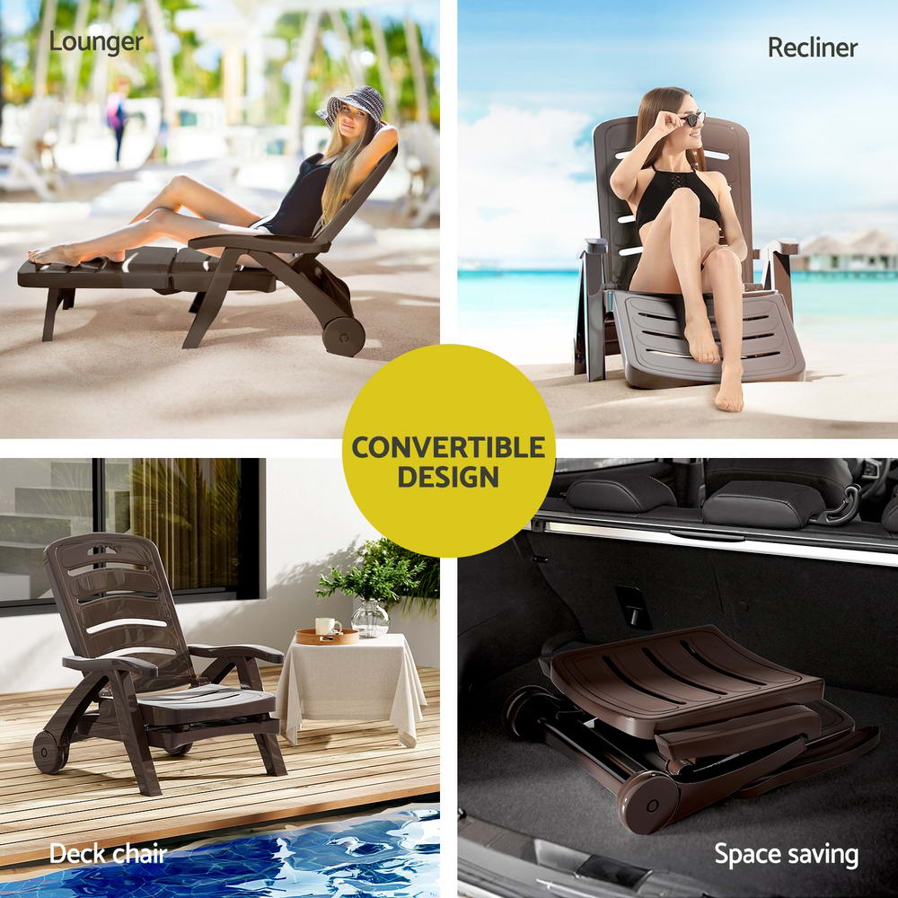 Outdoor Chairs: Gardeon Sun Lounger Folding Lounge Chair Wheels Patio Outdoor Furniture Brown