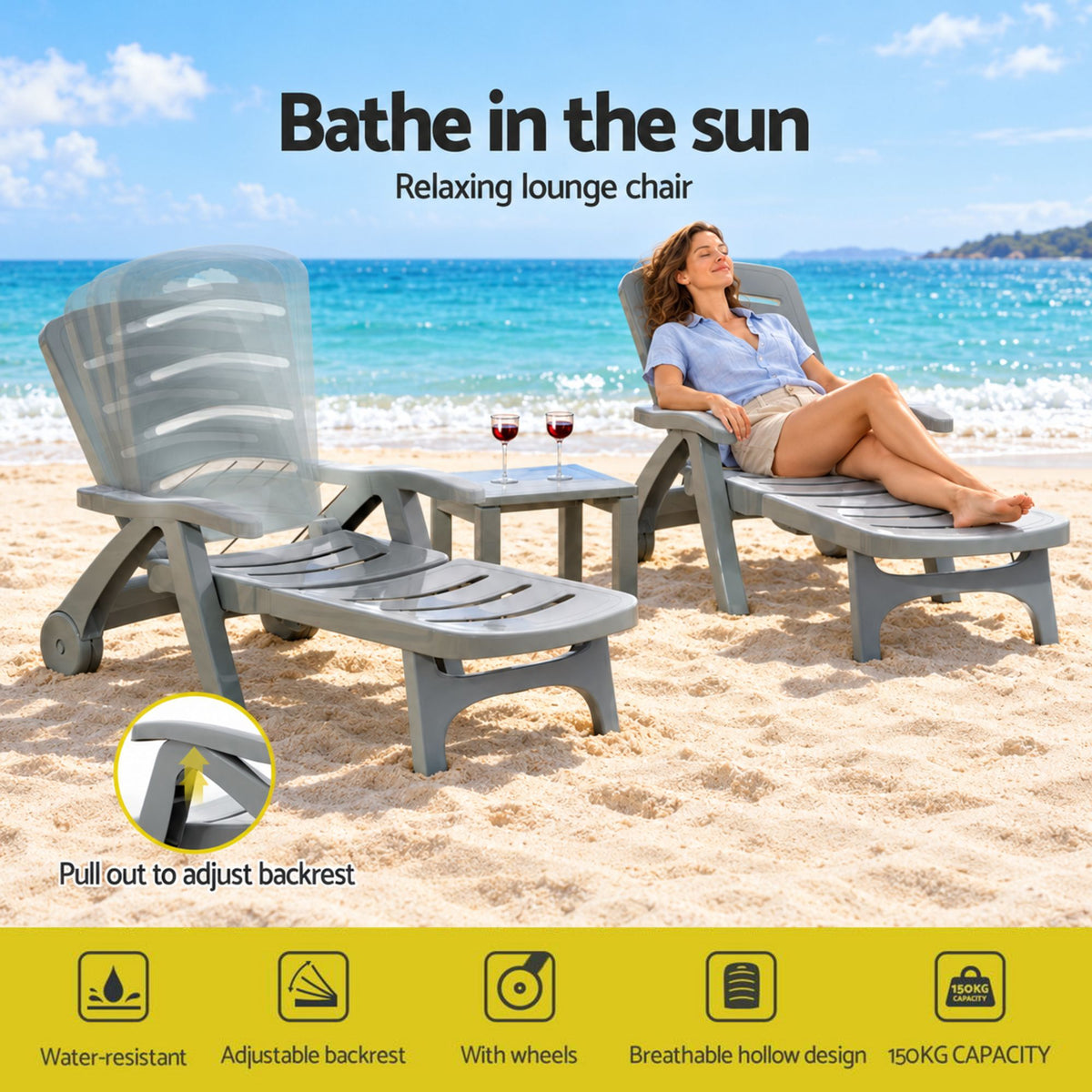 Gardeon 2PC Sun Lounger Folding Lounge Chair Wheels Patio Outdoor Furniture Grey