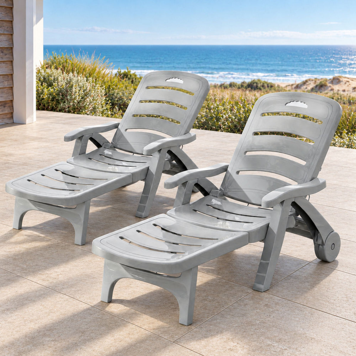 Gardeon 2PC Sun Lounger Folding Lounge Chair Wheels Patio Outdoor Furniture Grey